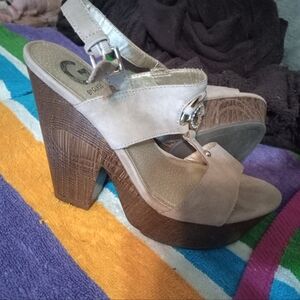 G by Guess Wood & Leather Peep Toes Block Heels Slingback Pumps US 9M